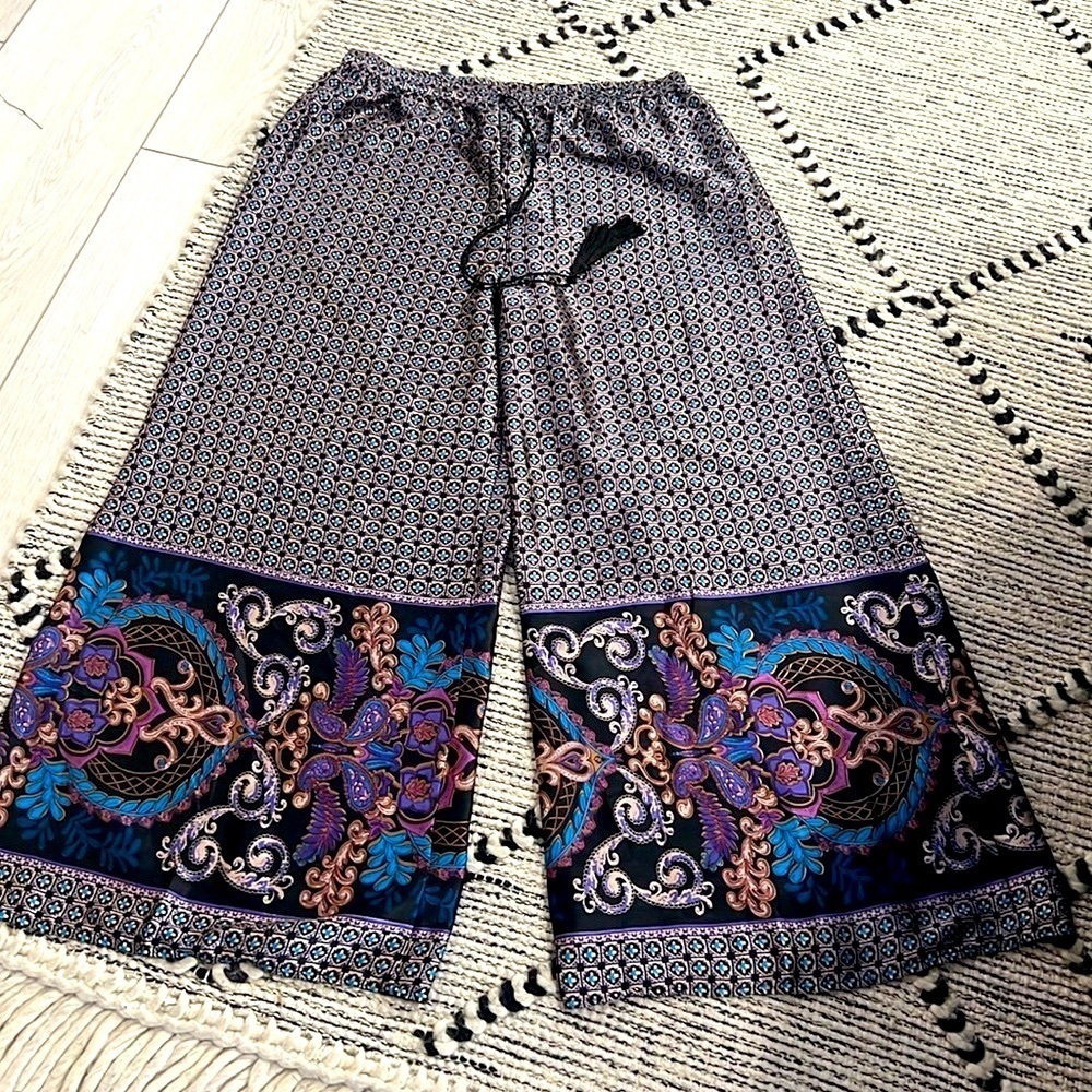 Studio EY,Palazzo Pant,Sinfully-Sexy, Silky, Elastic-Waist,Faux-Tassels, Size XL - Picture 7 of 11